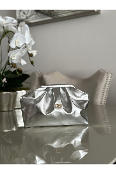 mossi Women's Silver Shiny Faux Leather Strap Clutch Daily and Evening Dress Bag