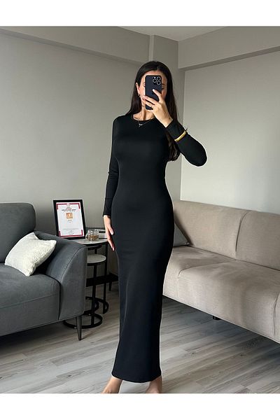 AB LOOKS Rochie maxi neagră elastică - Casual Basic, mânecă lungă, nu arată lenjerie