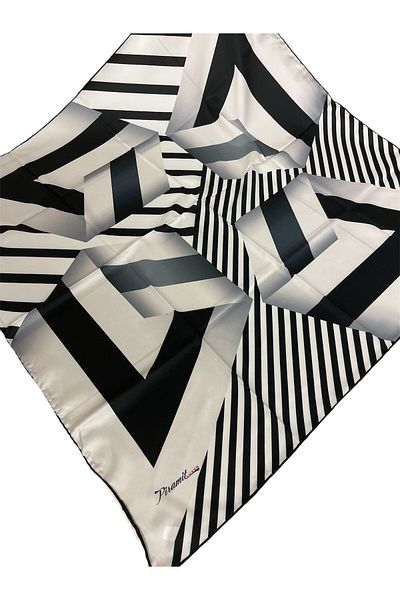 PİRAMİT Geometric Pattern Pyramid Luxer Scarf - 90cm X 90cm, Black Ecru Es-26