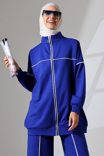 Mihran Butik Saks Blue Γυναικείο Hijab - Αθλητικό και άνετο χτενισμένο βαμβακερό σετ