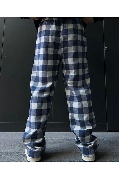 RE7EDİ Unisex Blue and White Striped Plaid Patterned Pajama Bottoms - Re7Edi̇