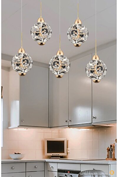 burenze Modern Crystal Beşli Sıralı Sarkıt Led Avize Kristal Taşlı Yemek Masası Avize Gold Sarı