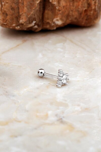 Sümer Telkari Üçgen Taşlı Rodyumlu Gümüş Tragus Küpe 7080