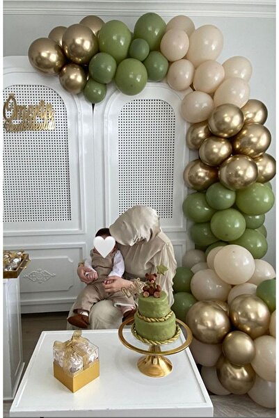 Çemrek Süs Parti Retro Milk Coffee Eucalyptus Green Gold Chrome Balloon Chain...