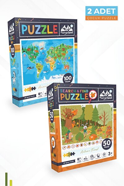 Neverland 2'li Çocuk Yapboz - 100 Parça Hayvan Dünya Haritası Ve 50 Parça Son...