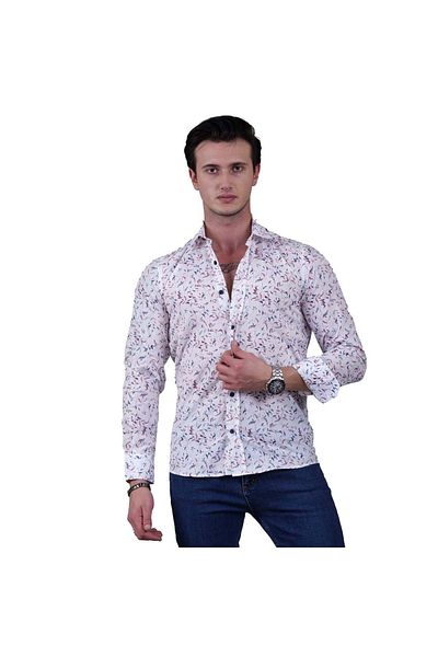 Exve Exclusive Red Navy Blue Leaf Printed Cotton Slim Fit Men's Shirt on White
