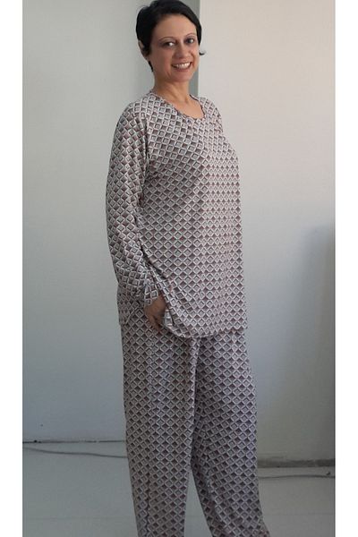 Mertcan Butik Mink Brown Patterned Combed Cotton Viscose Pajama Set - Top and Bottom Set