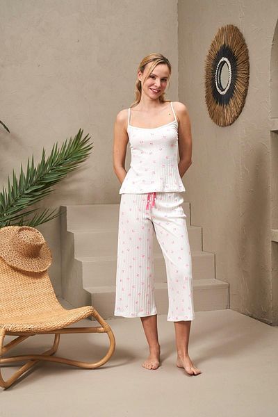PJS 25157 Women's Rope Strap Small Flower Patterned Wide Leg Capri Set