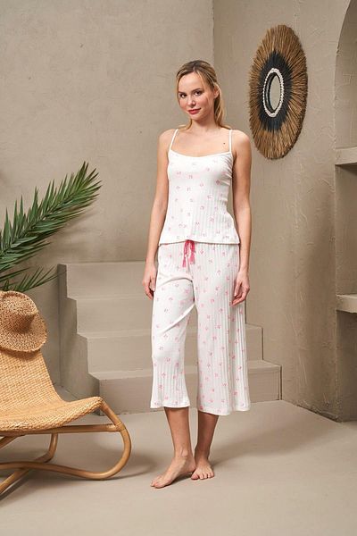 PJS 25157 Women's Rope Strap Small Flower Patterned Wide Leg Capri Set
