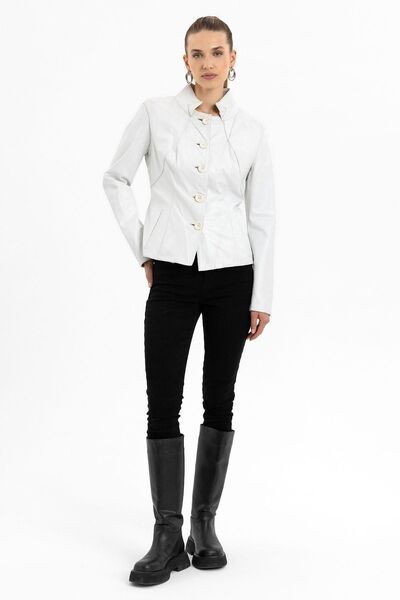 Deriderim Luila Perforeli Astarlı Beyaz Hakiki Deri Mont