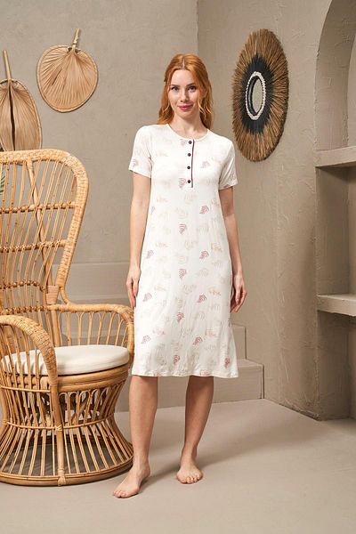 PJS 25146 Cămașă de noapte cu model, cu gât rotund, cu nasturi