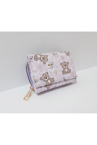 renkli çiçekler Children's Wallet 11X8 cm Purple Color Teddy Bear Patterned Children's Wallet