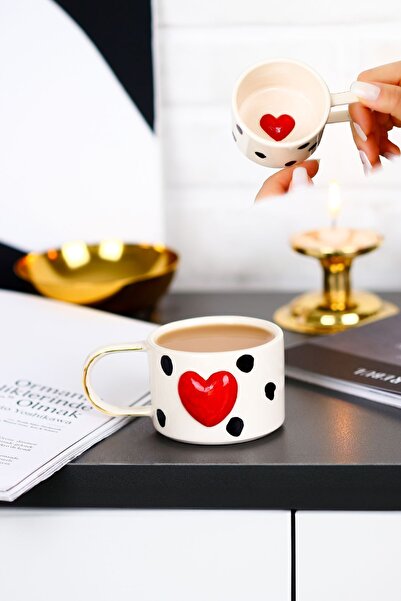 SİNEM YAMAN HOME PUANTİYE DİKEY İÇİ KALPLİ MUG /  EL YAPIMI SERAMİK MUG DOUBL...