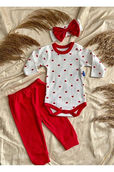 Zuff Baby Red Heart Printed Baby Girl 3 Piece Set - Bandana