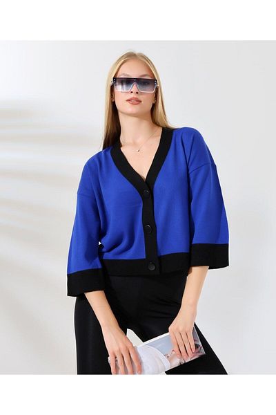 OXEDCO Cardigan de tricotaj cu nasturi de culoare albastră pentru femei