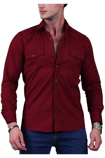 Exve Exclusive Burgundy Single Color Cotton Lycra Double Pocket Flap Slim Fit Western Shirt