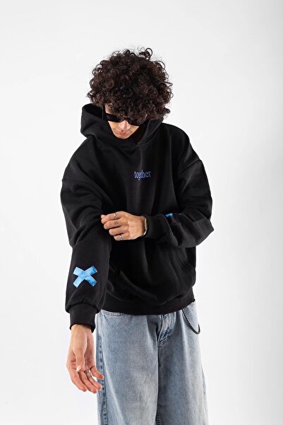 Sekizbiraltı Together Printed Oversize Unisex Black Hoodie