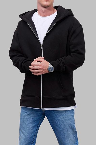 Nyda Collections Unisex Μαύρη Oversize Teddy Cardigan - Χειμερινό μπουφάν με τσέπες, φερμουάρ, 3 κλωστές από βαμβάκι