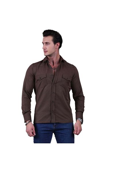 Exve Exclusive Καφέ Oxford μονόχρωμο βαμβακερό αναπνεύσιμο κάλυμμα διπλής τσέπης Slim Fit Western πουκάμισο