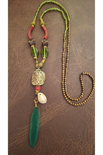 azra takı tasarım Bohemian, Zamak Plated, Leaf, Feather and Greyhound Bead Detailed Evil Eye, Women's Necklace