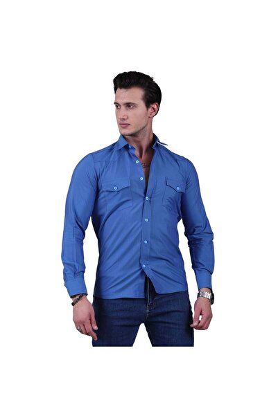 Exve Exclusive Cămașă occidentală slim fit din bumbac oxford albastru de culoare, respirabilă, cu clapă dublă