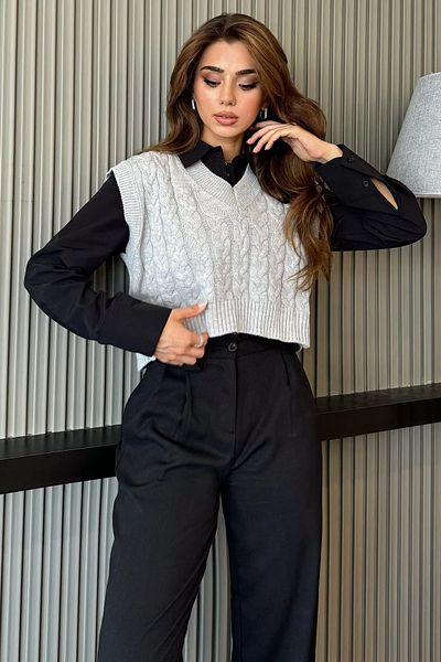 GÜLSELİ Gray V-Neck Women's Knitwear Sweater