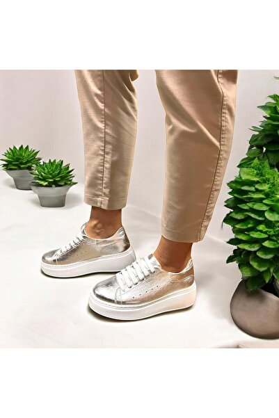 Dağlı Γυναικεία αθλητικά sneakers από γνήσιο δέρμα σε ασημί απόχρωση, με κορδ...