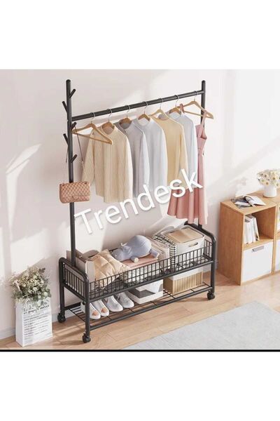 TRENDESK Metal Krem 2 Raflı Raflı Konfeksiyon Askılığı Ayaklı Elbise Askılığı 176cm 3407