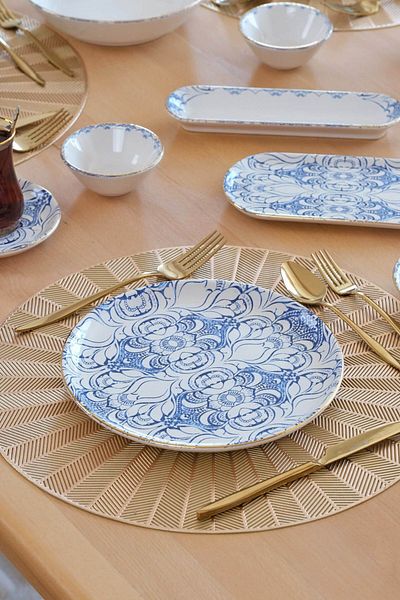 Glore Asya Blue Cycle - Gold Gilded 41 Piece Ceramic Breakfast Set for 6 People