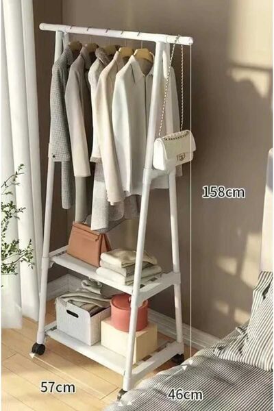 TRENDESK Ayaklı Konfeksiyon Askısı Metal Konfeksiyon Elbise Askılığı Eşek Askılık Beyaz Tekerlekli 3232