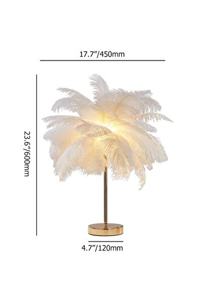 VİSENTE HOME Masa Lambası Deve Kuşu Tüy Palmiye Beyaz Abajur 60cm