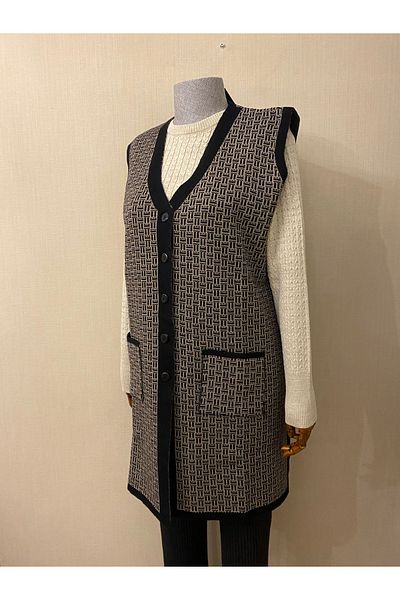 TEK Patterned SINGLE Knitwear Double Color Young Mother Vest / Black Mink