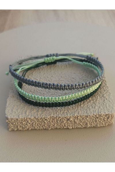 TREND Dark Grey, Mint Green and Dark Green Macrame Bracelet Set - Handmade, Adjustable, Unisex