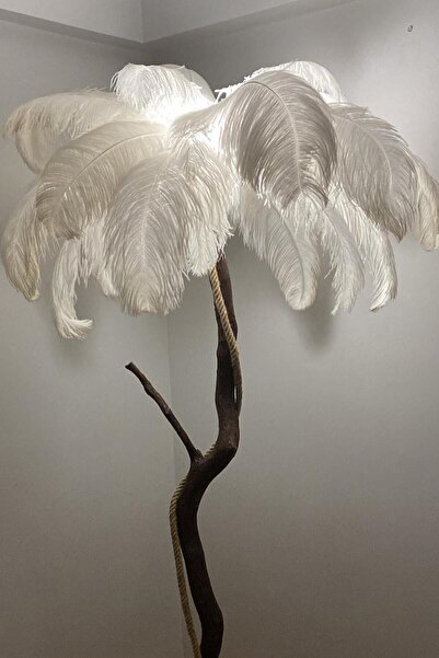 HeyNoid Deve Kuşu Tüyü Lambader Ağaç Lambader %100 Orjinal Deve Kuşu Tüyü Lambader Modern Lambader