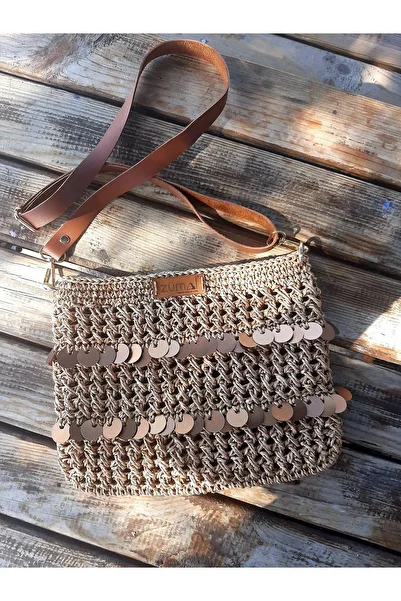 zümal tekstil tasarım straw Colored Rope sequin Women's shoulder Bag - Hand Knitted and Paper
