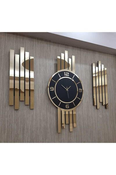 TUĞBArt Gold Lambiri Detay 3 lü Duvar Saati set Türk Rakam Aynalı Pleksi