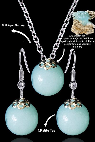Erilsa Aquamarine Stone Certified Globe Model Necklace and Earring Set - Silver Apparatus