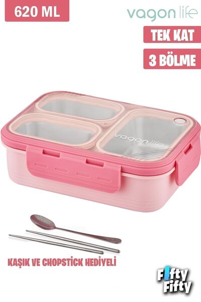 Vagonlife 620 ML Single Layer - Three Compartment New Generation Lunch Box with Metal Spoon - FFLBOX7097