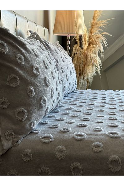 LUSSO Pompom Silver Gray Tufted Double Bedspread - 250X260 2 Pillows