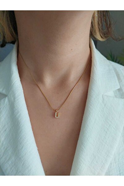 LUCKY ACCESSORIES Çelik zirkon Taşlı Harf Kolye U Harfi
