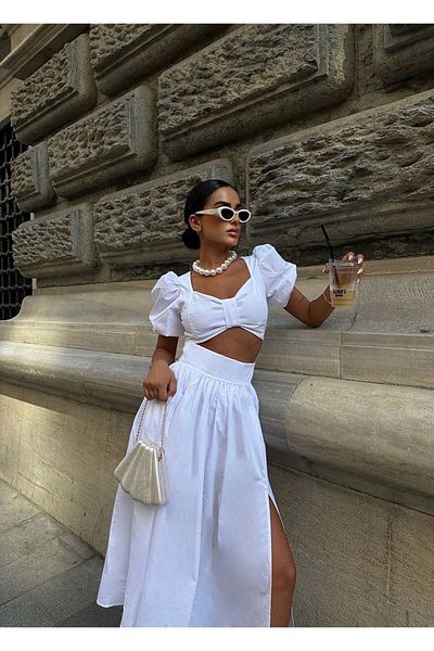 NEW JOURNAL Λευκό μανίκι μπαλόνι από ποπλίνα Midi Crop Top και φούστα με σκίσιμο - Ely- 100015574