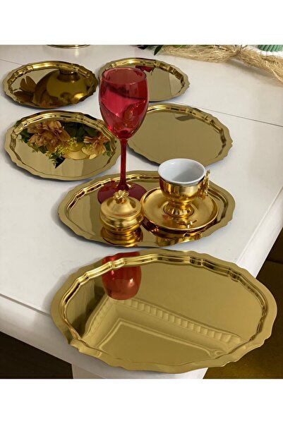 Elzemm store 20*25 CM PARLAK GOLD OVAL MODEL 6 ADET SERVİS VE SUNUM TEPSİSİ