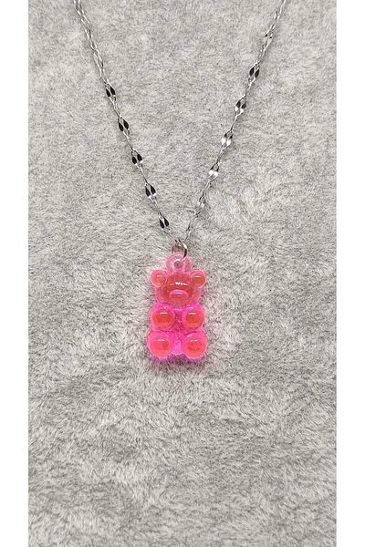 TUNA TAKI & AKSESUAR Stainless Steel Chain Teddy Bear and Jelly Bean Necklace - Teen and Gift Necklace