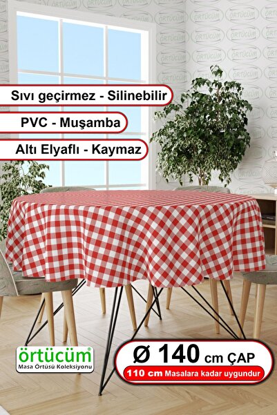 Örtücüm Kırmızı Beyaz Yuvarlak Astarlı Pvc Muşamba Mutfak Masa Örtüsü Leke Tu...