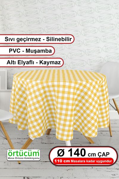 Örtücüm Yuvarlak Sarı Beyaz Pötikareli Astarlı Pvc Muşamba Mutfak Masa Örtüsü...