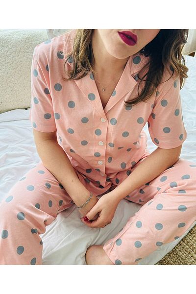 Moda Clubu Women's Short Sleeve Cotton Pajama Set - Salmon Polka Dot