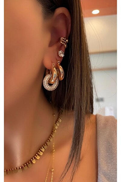 SU PERİSİ TAKI BİJUTERİ Vip Seri Gold Zirkon Taşlı Halka Küpe