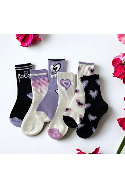 Çorabistaan 7 Çift Çok Renkli Aşk / Kalp Desenli Kadın Kolej Çorap Dikişsiz