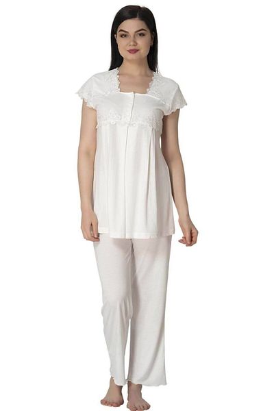 Effort Pijama Σετ πιτζάμες εγκυμοσύνης Zerre Bebe Ecru με μανίκια και δαντέλα γιακά 5012