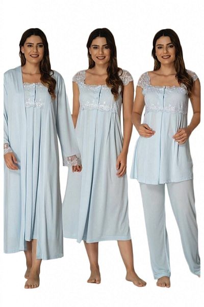 HAMİLE ÇARŞISI Effortt Blue Maternity Pajamas Nightgown Set of 4 2305